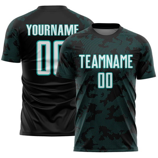 Custom Black White-Aqua Curve Lines Sublimation Soccer Uniform Jersey - Main View