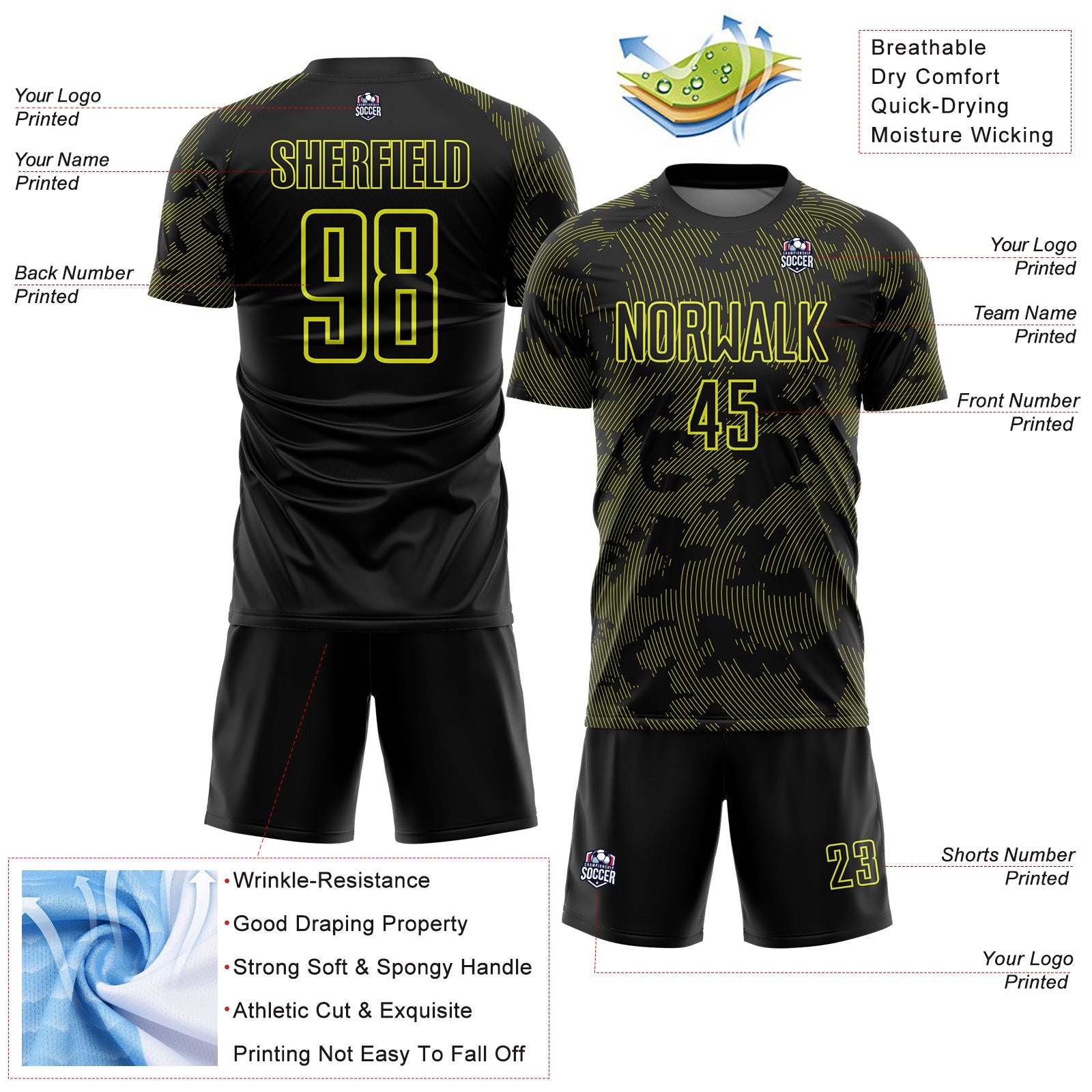 Custom Black-Neon Yellow Curve Lines Sublimation Soccer Uniform Jersey view 4