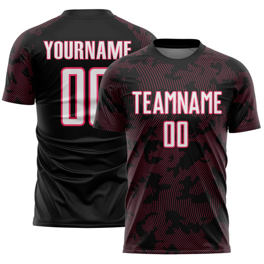 Custom Black White-Neon Pink Curve Lines Sublimation Soccer Uniform Jersey - Main View