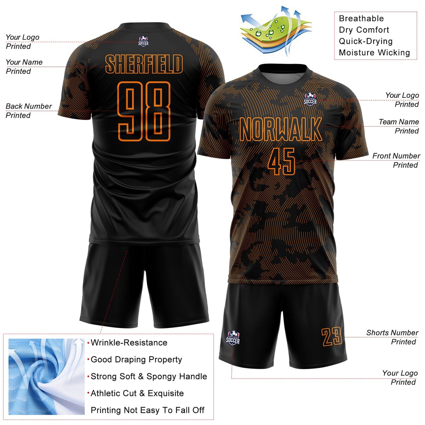Custom Black-Bay Orange Curve Lines Sublimation Soccer Uniform Jersey view 4