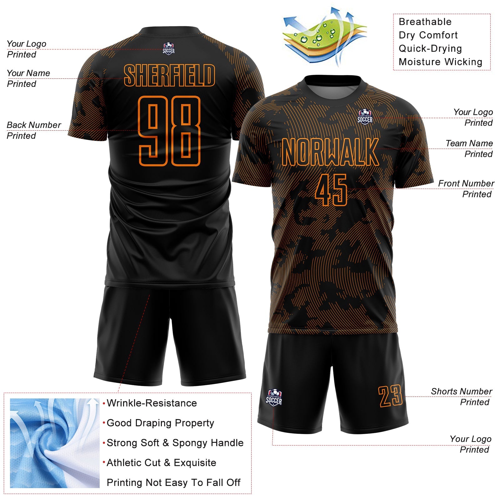 Custom Black-Bay Orange Curve Lines Sublimation Soccer Uniform Jersey view 4