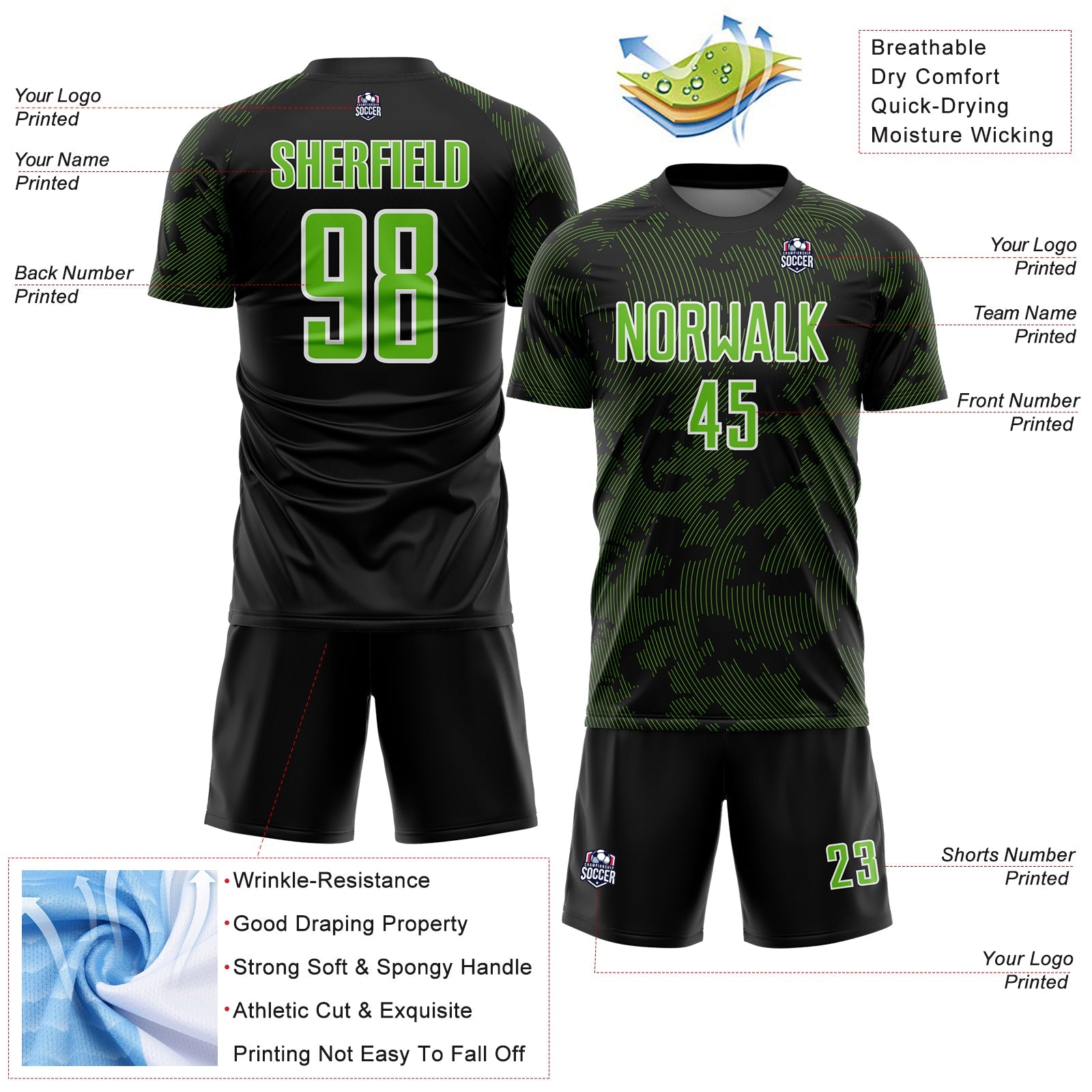 Custom Black Aurora Green-White Curve Lines Sublimation Soccer Uniform Jersey view 4