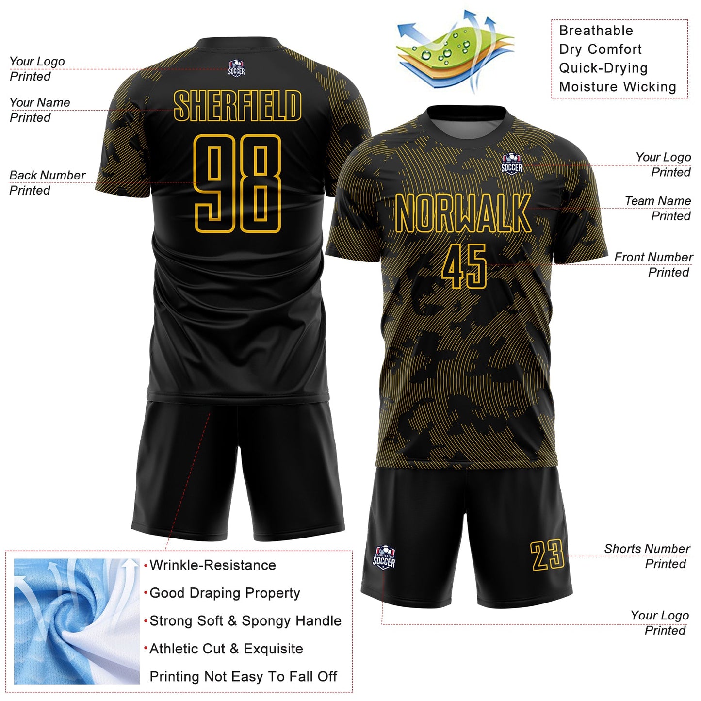 Custom Black-Yellow Curve Lines Sublimation Soccer Uniform Jersey view 4