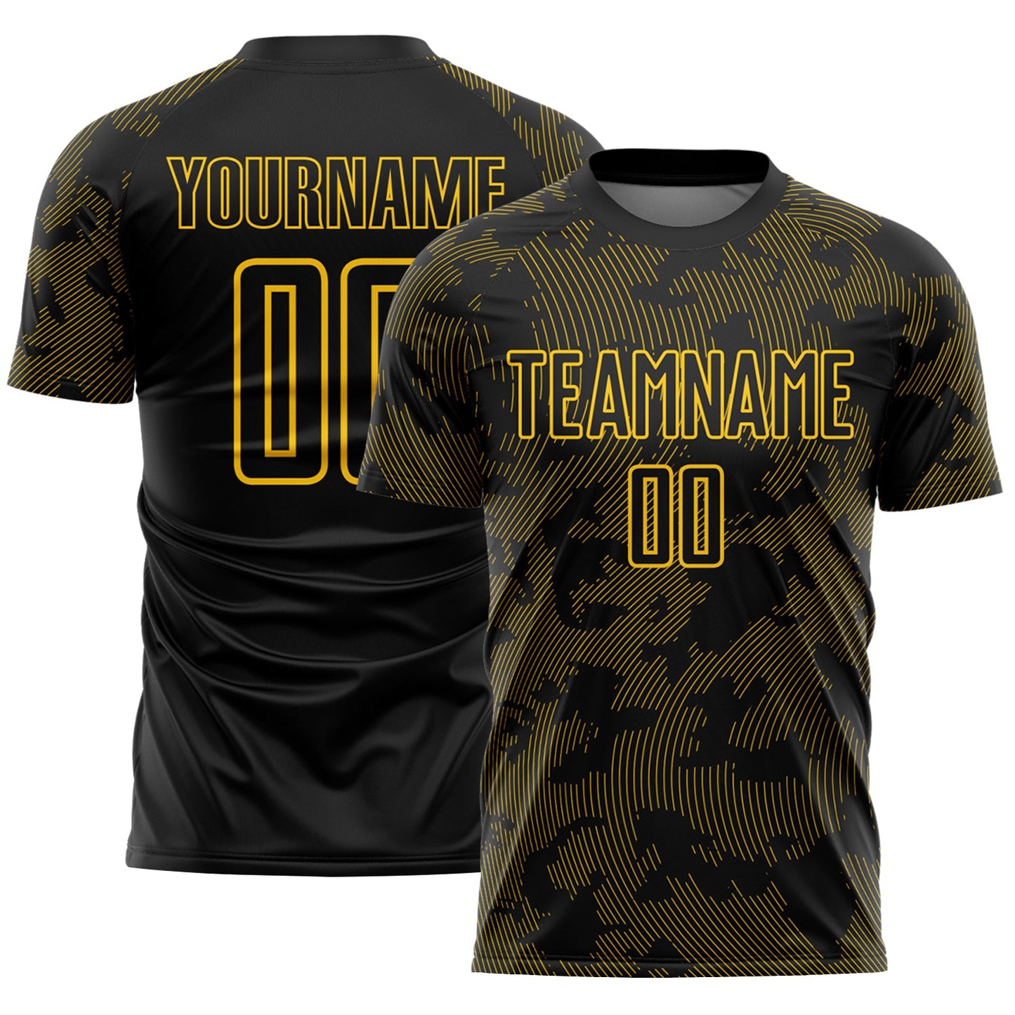 Custom Black-Yellow Curve Lines Sublimation Soccer Uniform Jersey - Main View