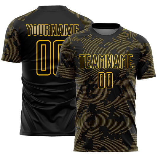 Custom Black-Yellow Curve Lines Sublimation Soccer Uniform Jersey - Main View