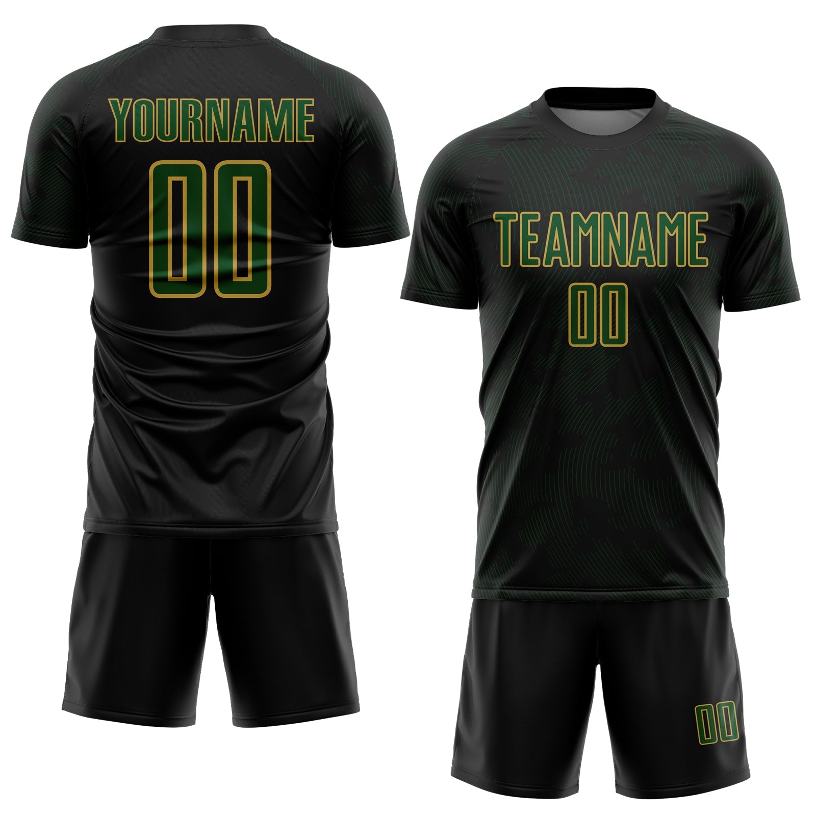 Custom Black Green-Old Gold Curve Lines Sublimation Soccer Uniform Jersey view 2