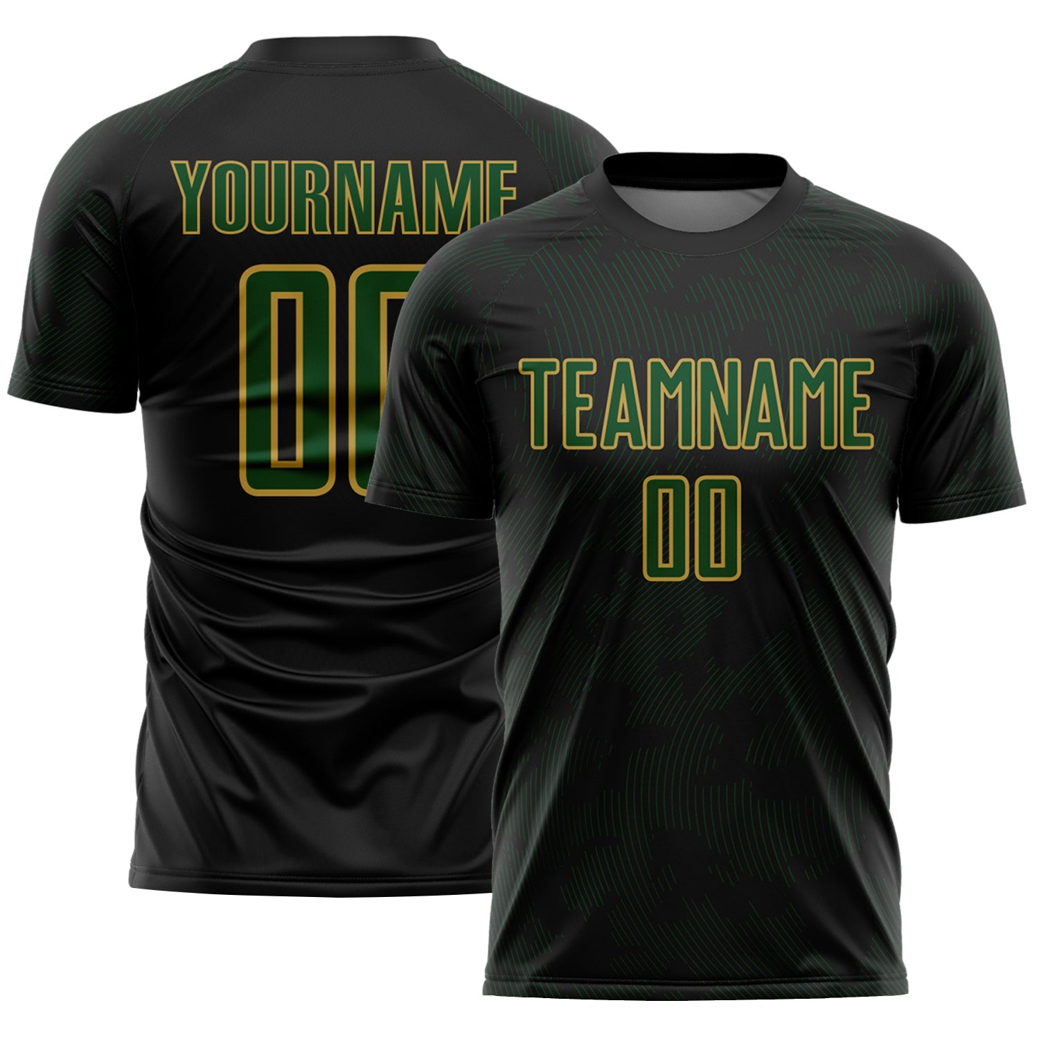 Custom Black Green-Old Gold Curve Lines Sublimation Soccer Uniform Jersey - Main View