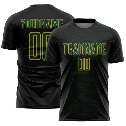 Custom Black Green-Old Gold Curve Lines Sublimation Soccer Uniform Jersey - Main View