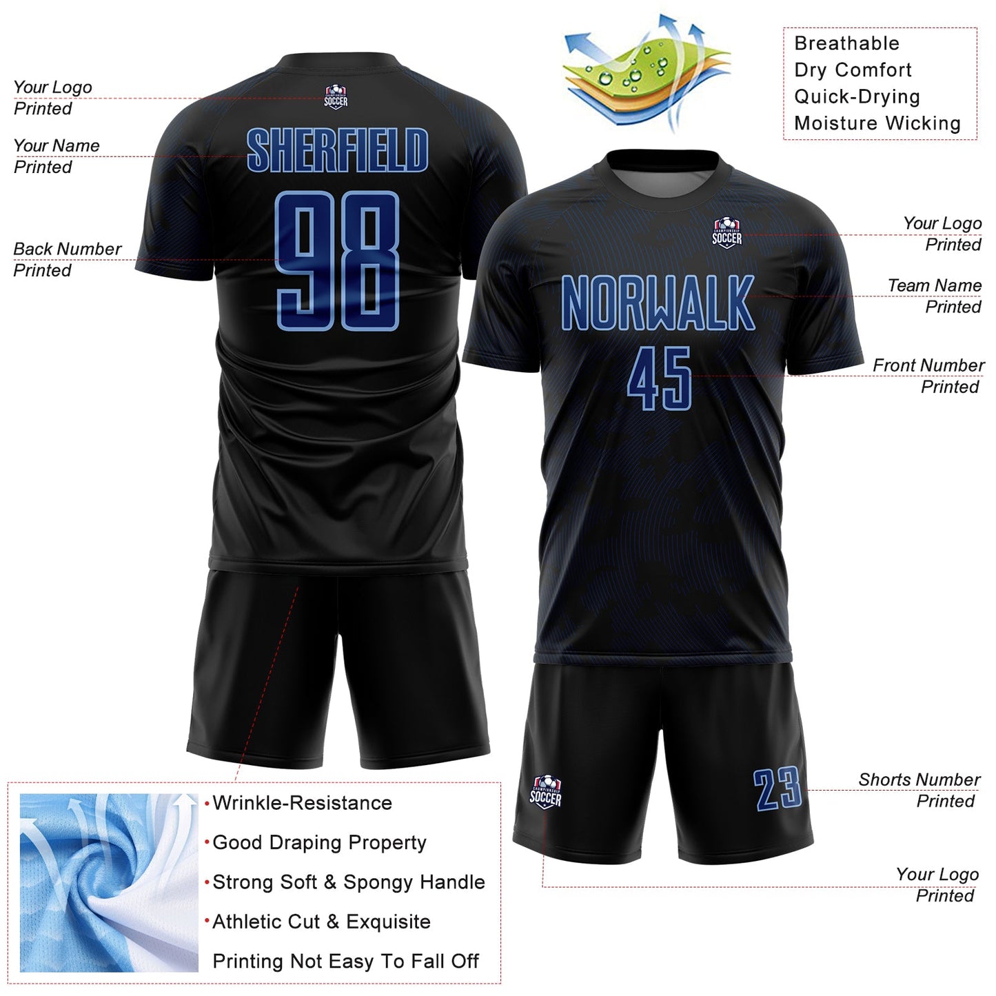 Custom Black US Navy Blue-Light Blue Curve Lines Sublimation Soccer Uniform Jersey view 4
