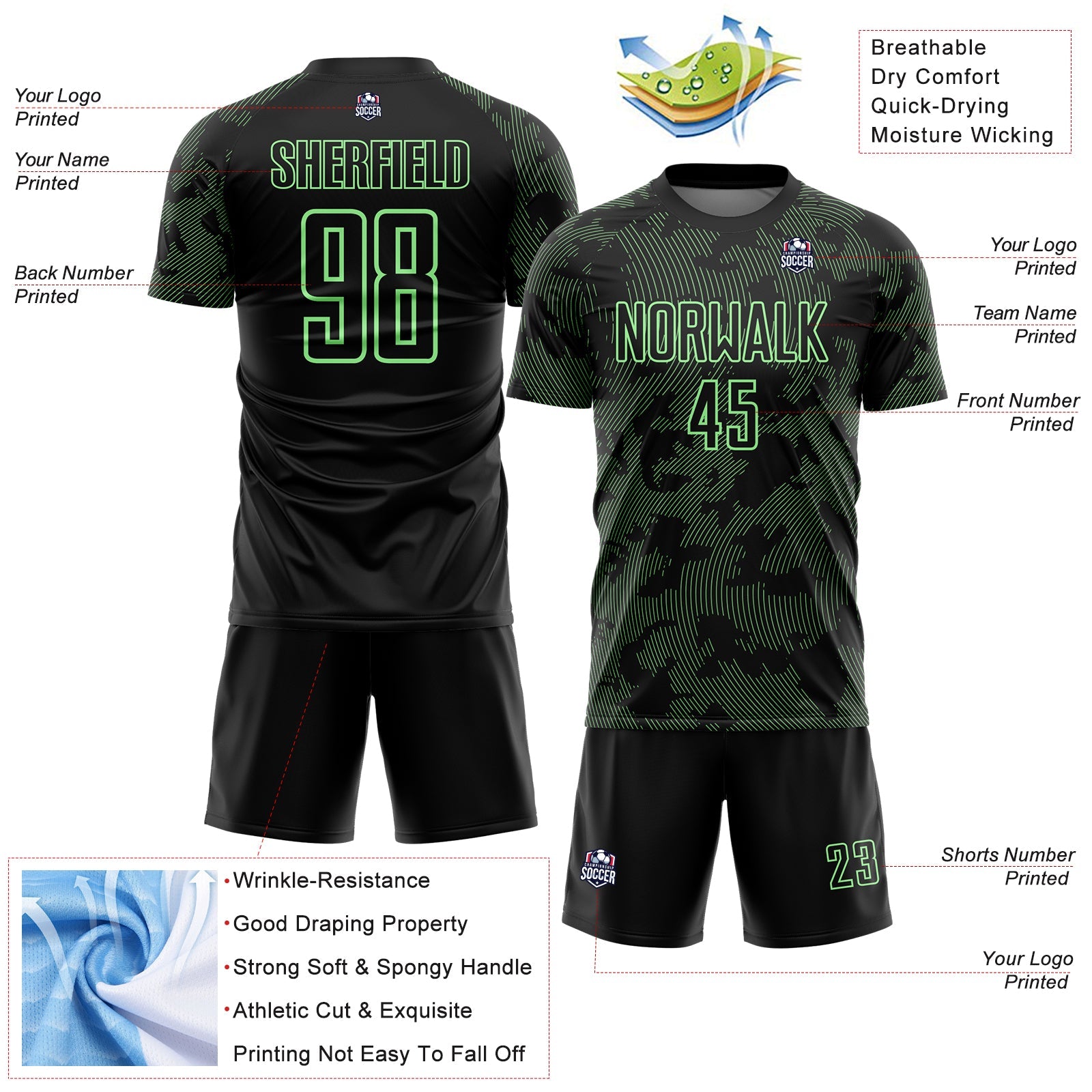 Custom Black-Pea Green Curve Lines Sublimation Soccer Uniform Jersey view 4