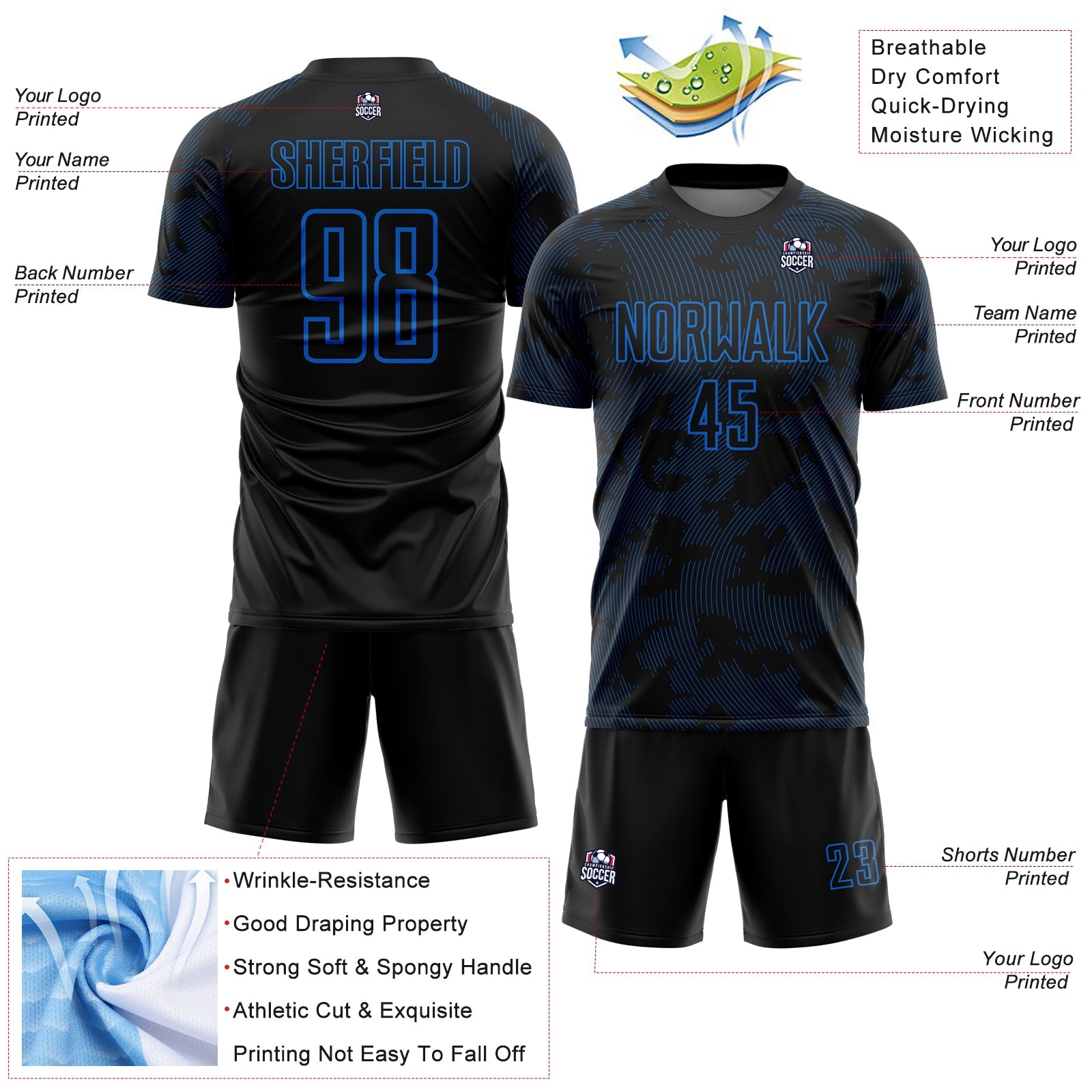 Custom Black-Blue Curve Lines Sublimation Soccer Uniform Jersey view 4