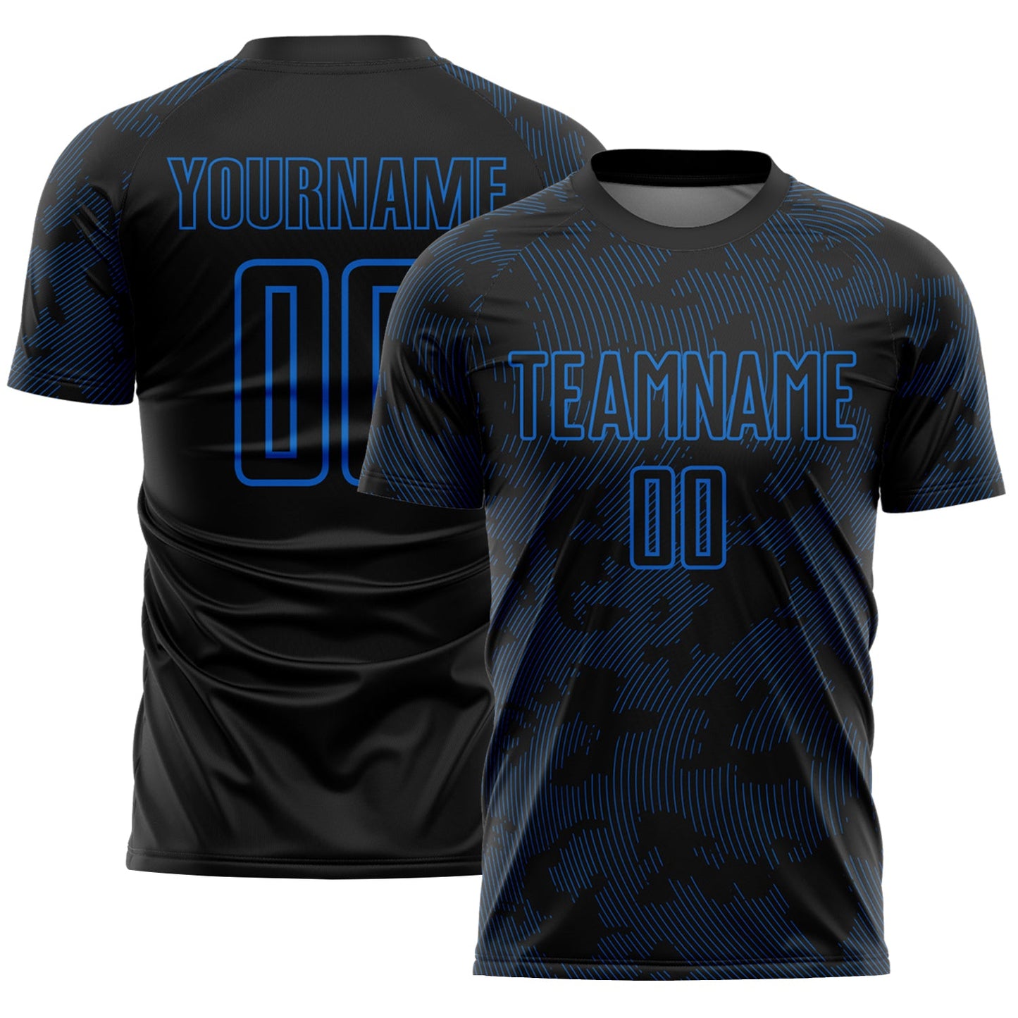 Custom Black-Blue Curve Lines Sublimation Soccer Uniform Jersey - Main View