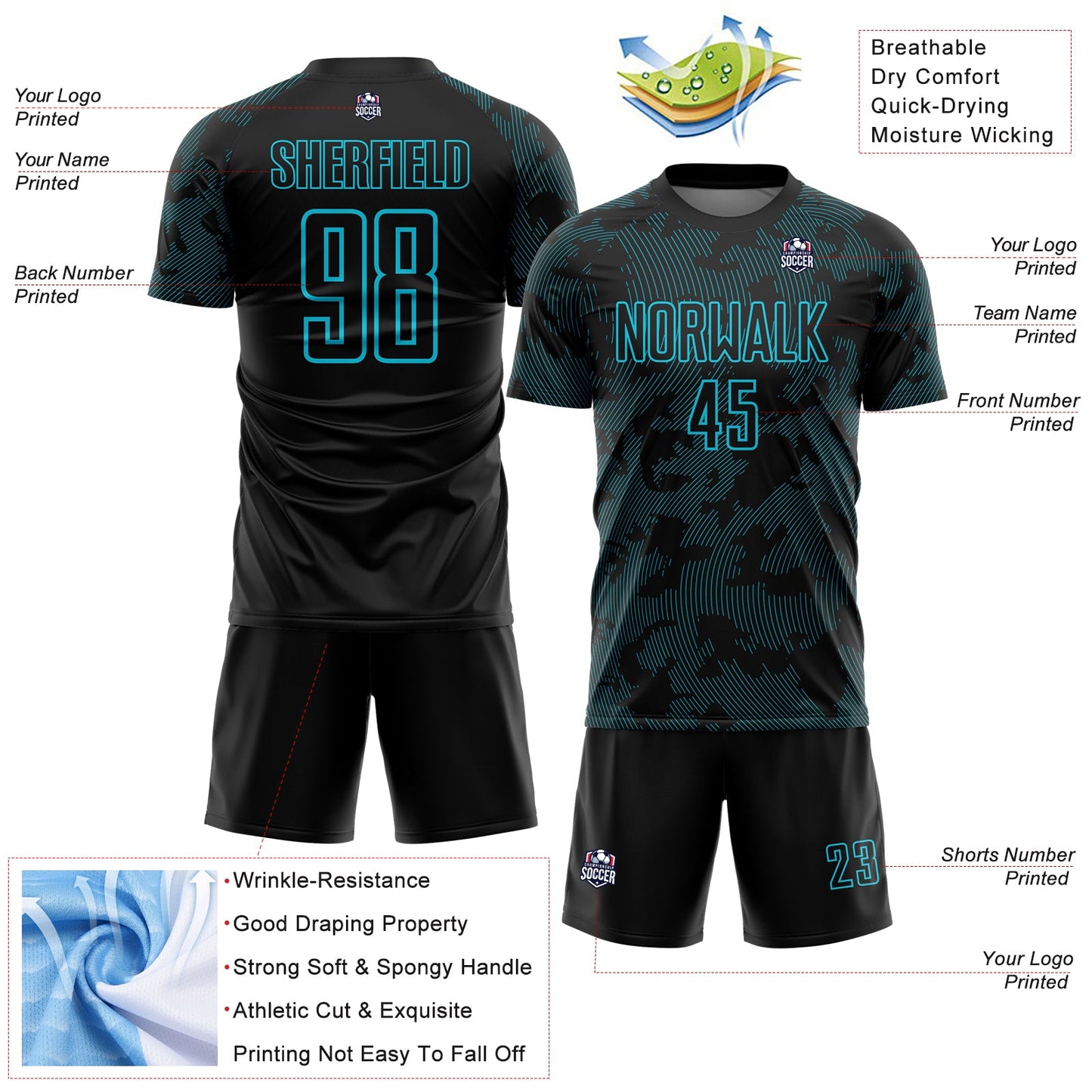Custom Black-Lakes Blue Curve Lines Sublimation Soccer Uniform Jersey view 4