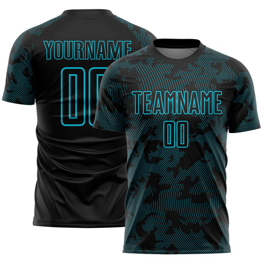 Custom Black-Lakes Blue Curve Lines Sublimation Soccer Uniform Jersey - Main View