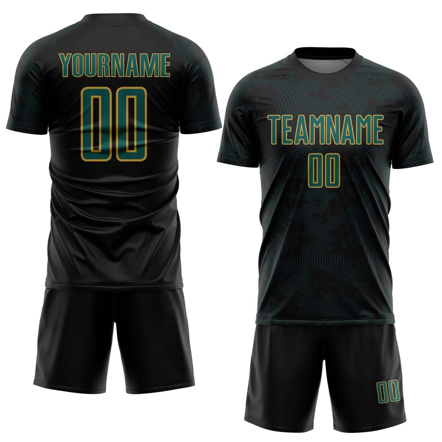 Custom Black Midnight Green-Old Gold Curve Lines Sublimation Soccer Uniform Jersey view 2