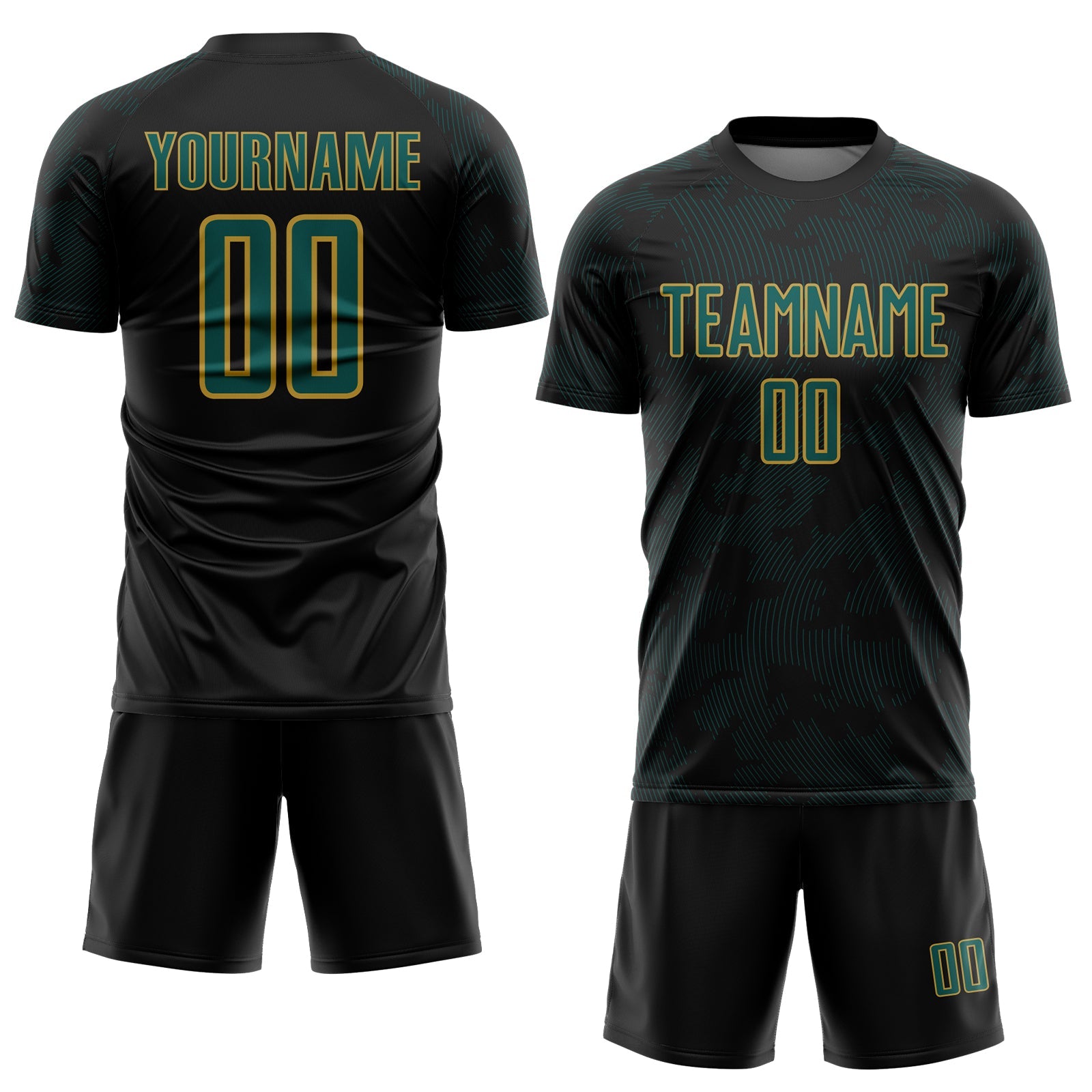 Custom Black Midnight Green-Old Gold Curve Lines Sublimation Soccer Uniform Jersey view 2