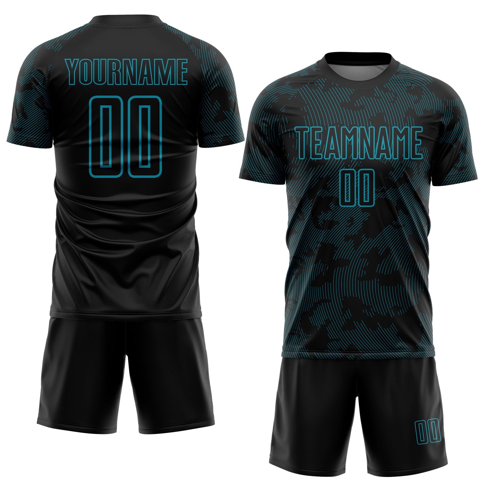 Custom Black-Teal Curve Lines Sublimation Soccer Uniform Jersey view 2