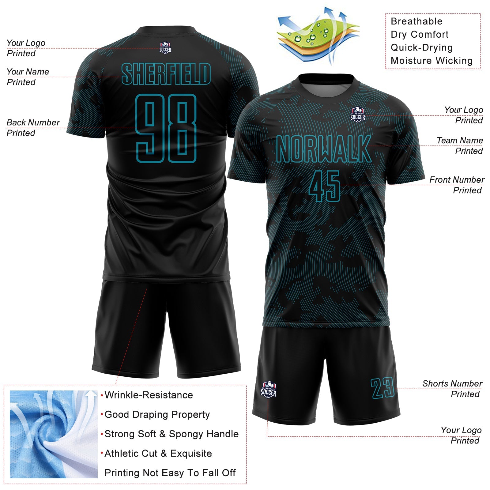 Custom Black-Teal Curve Lines Sublimation Soccer Uniform Jersey view 4
