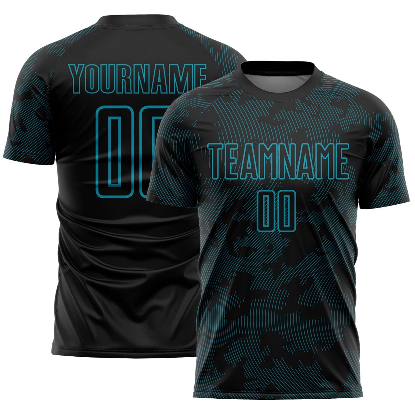 Custom Black-Teal Curve Lines Sublimation Soccer Uniform Jersey - Main View