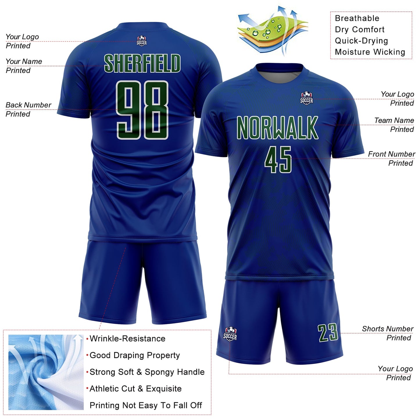 Custom Royal Green-White Curve Lines Sublimation Soccer Uniform Jersey view 4