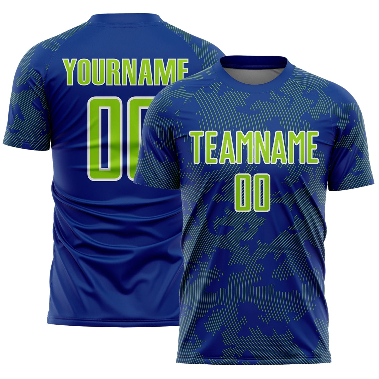 Custom Royal Neon Green-White Curve Lines Sublimation Soccer Uniform Jersey - Main View