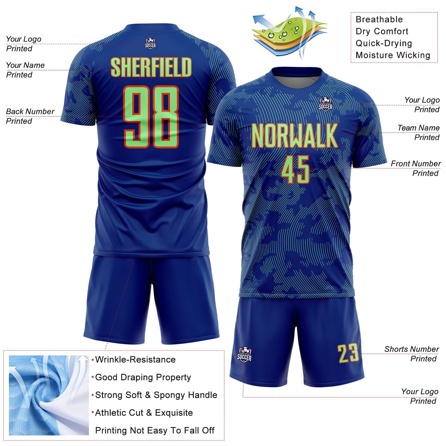 Custom Royal Pea Green-Orange Curve Lines Sublimation Soccer Uniform Jersey view 4
