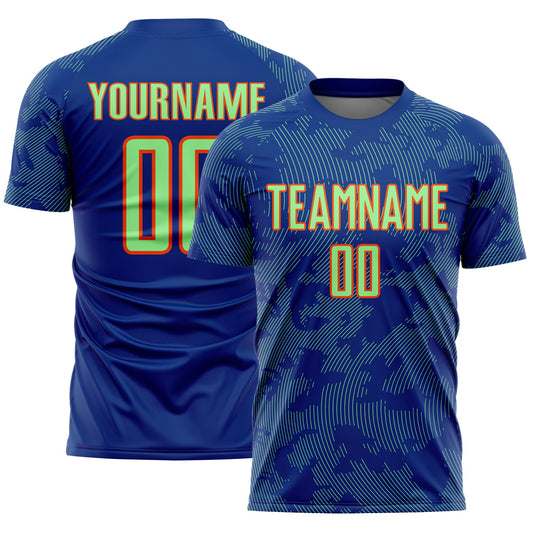 Custom Royal Pea Green-Orange Curve Lines Sublimation Soccer Uniform Jersey - Main View