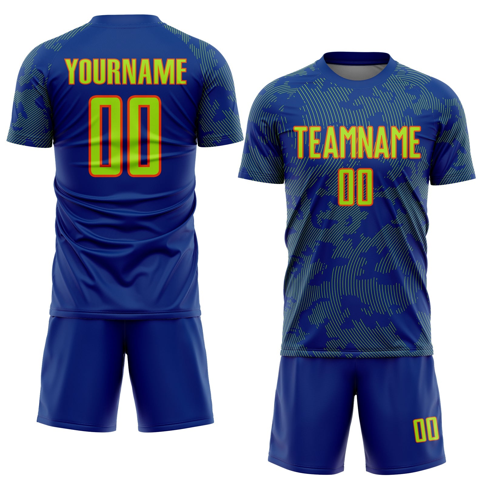 Custom Royal Neon Green-Orange Curve Lines Sublimation Soccer Uniform Jersey view 2