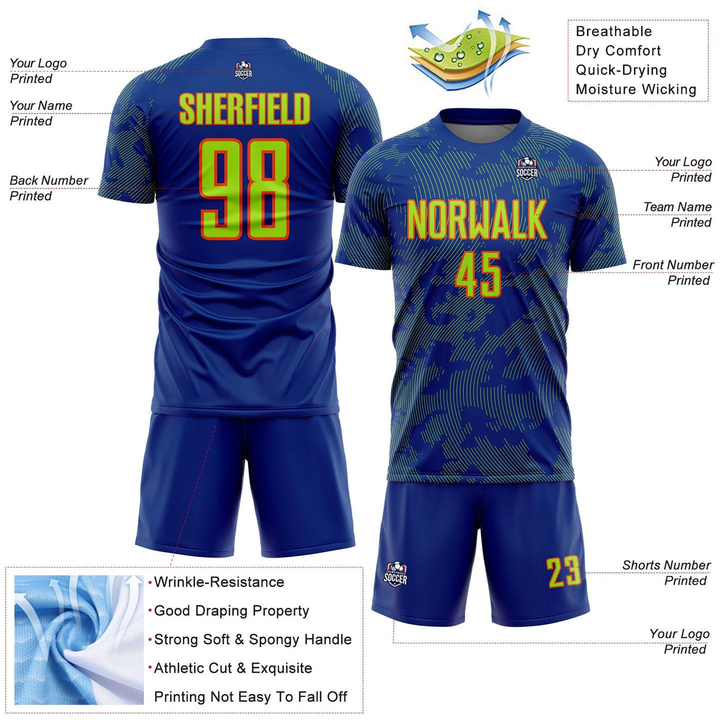 Custom Royal Neon Green-Orange Curve Lines Sublimation Soccer Uniform Jersey view 4