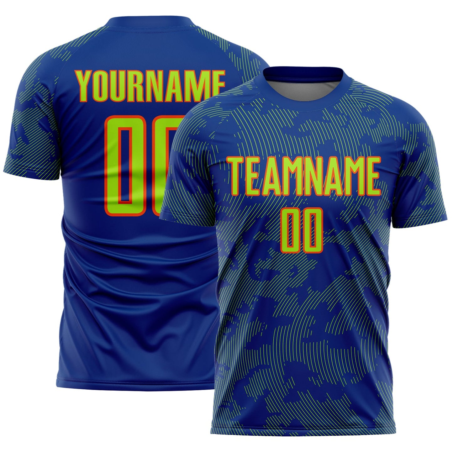 Custom Royal Neon Green-Orange Curve Lines Sublimation Soccer Uniform Jersey - Main View