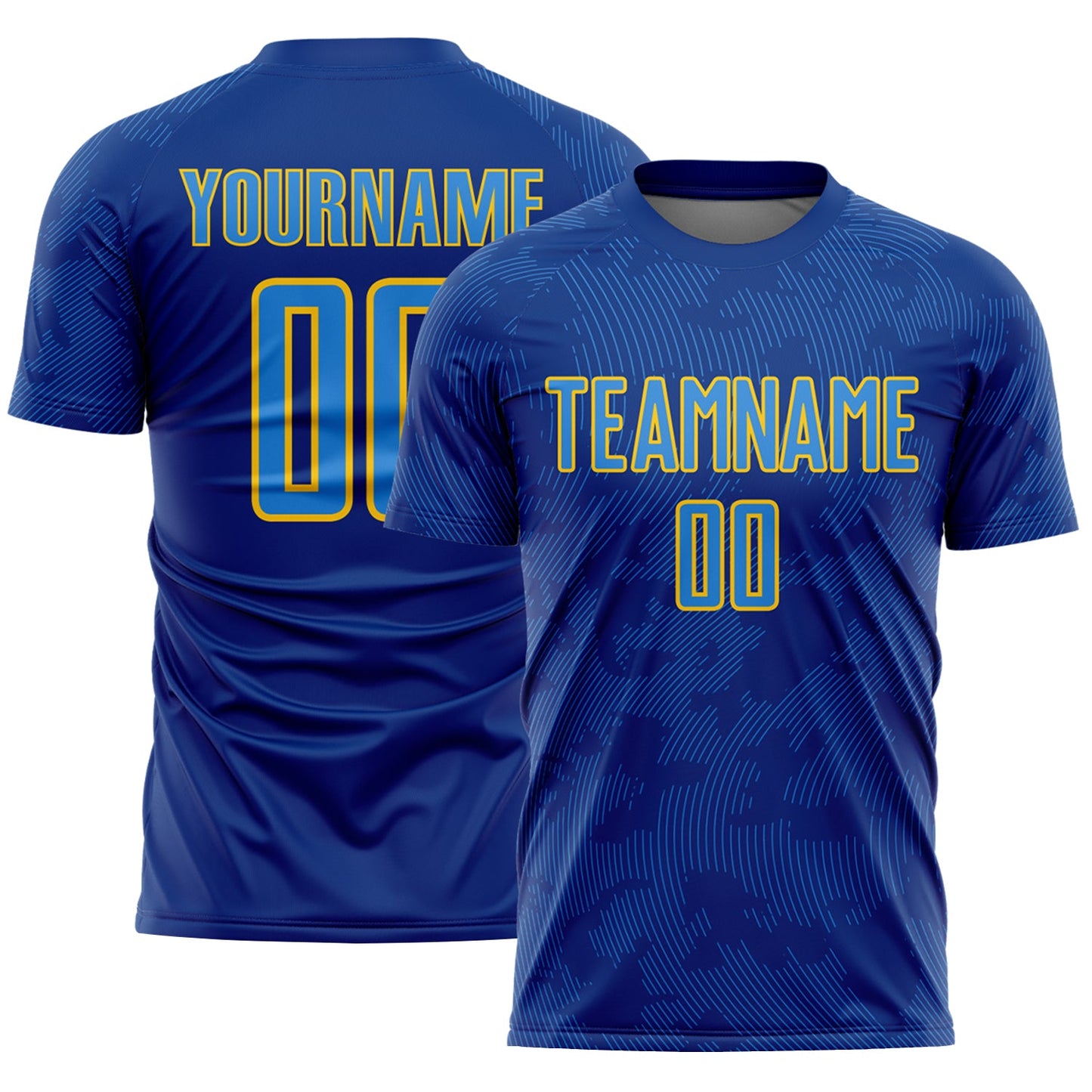 Custom Royal Powder Blue-Yellow Curve Lines Sublimation Soccer Uniform Jersey - Main View