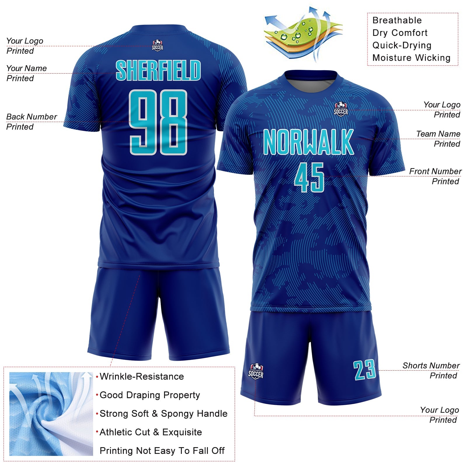 Custom Royal Lakes Blue-White Curve Lines Sublimation Soccer Uniform Jersey view 4