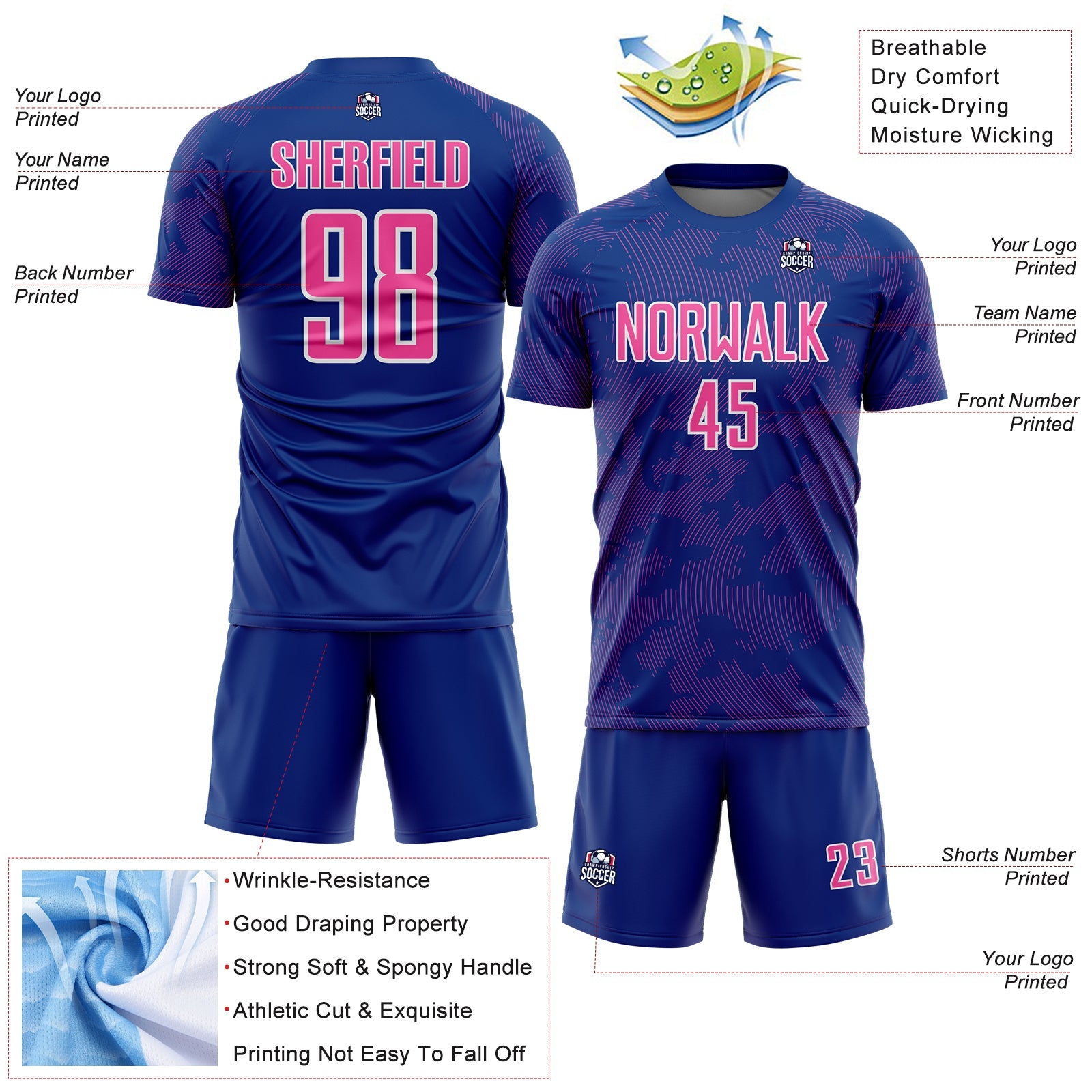 Custom Royal Pink-White Curve Lines Sublimation Soccer Uniform Jersey view 4