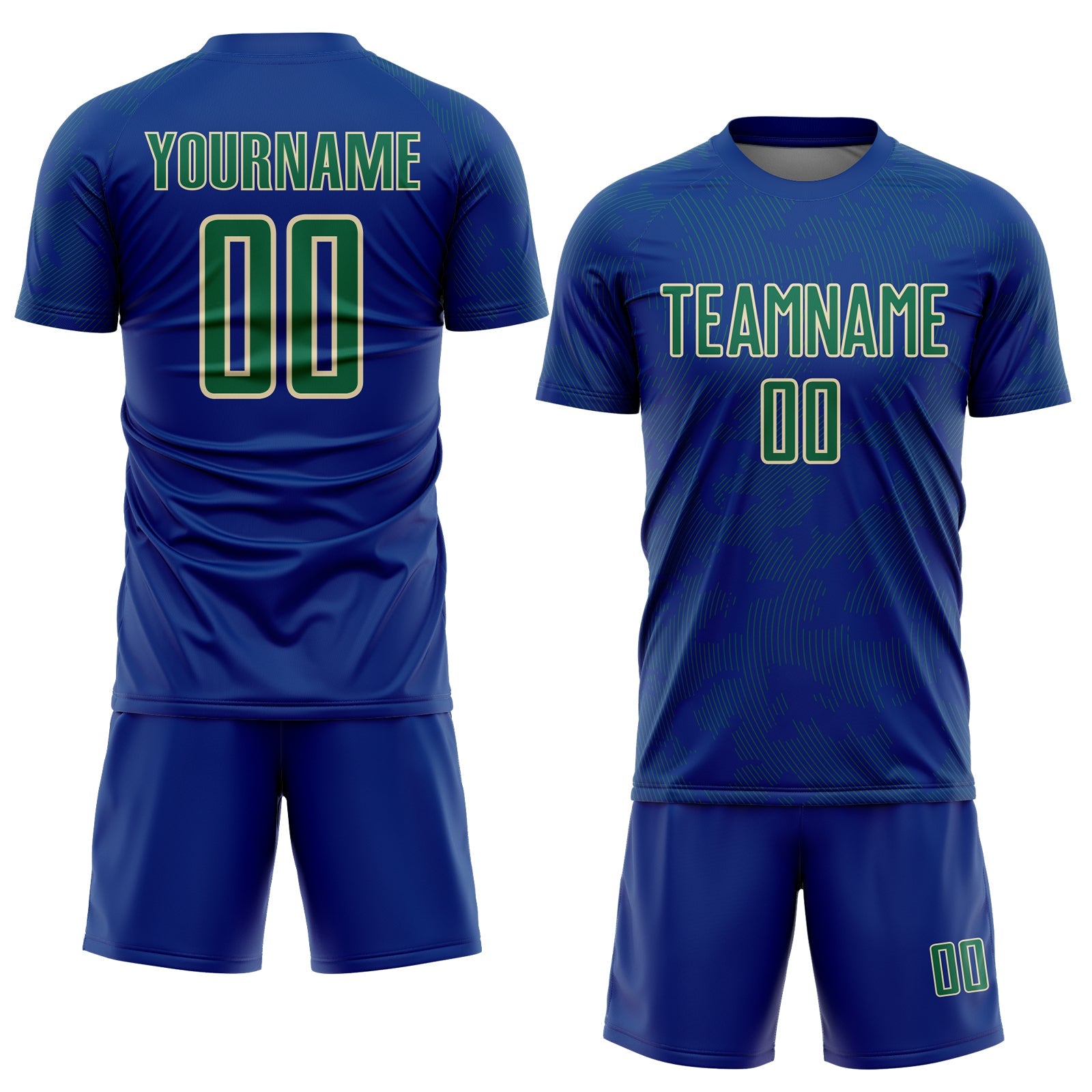 Custom Royal Kelly Green-Cream Curve Lines Sublimation Soccer Uniform Jersey view 2