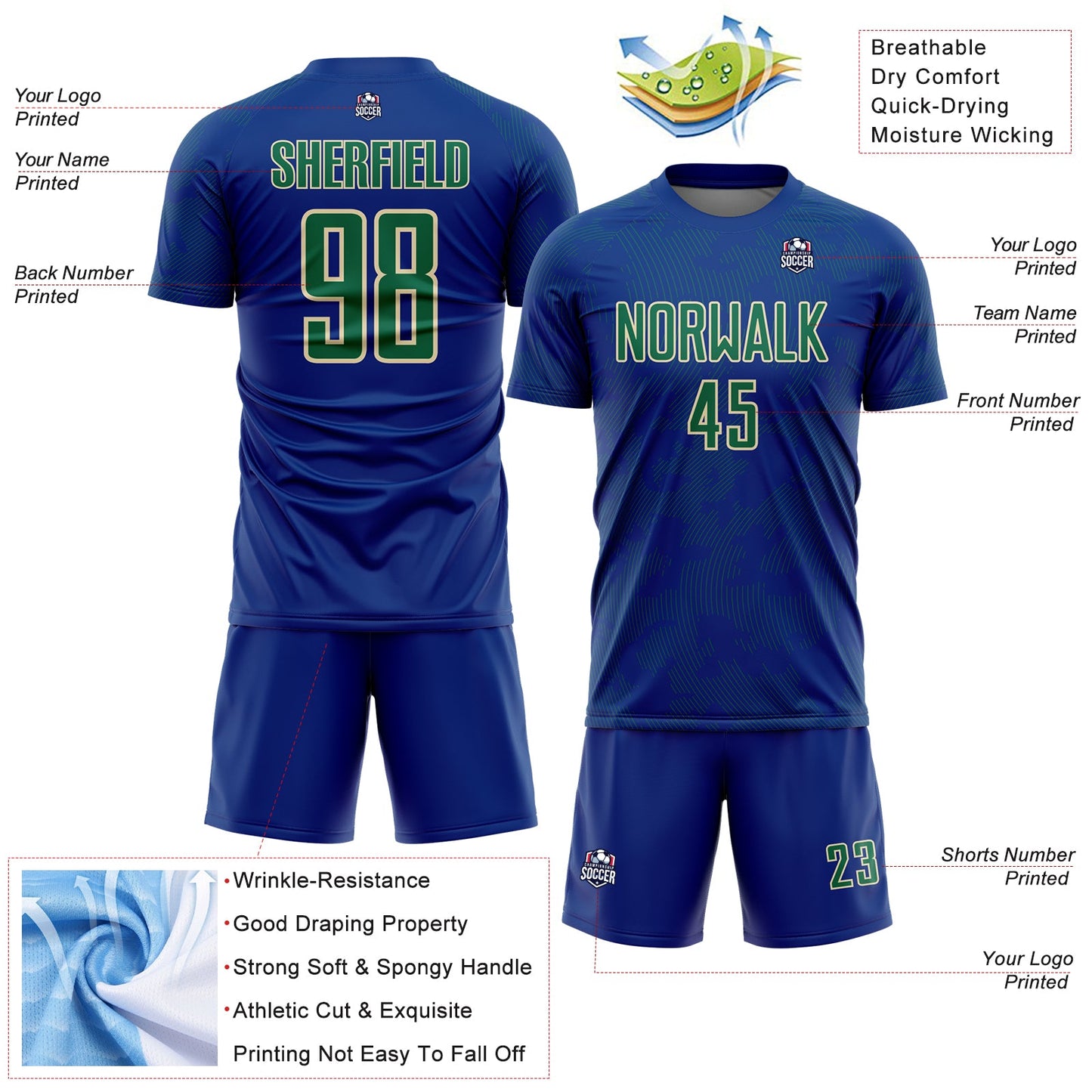 Custom Royal Kelly Green-Cream Curve Lines Sublimation Soccer Uniform Jersey view 4