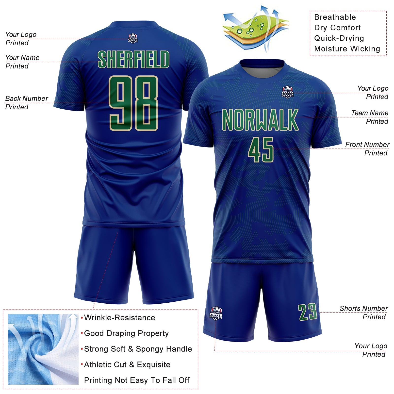 Custom Royal Kelly Green-Cream Curve Lines Sublimation Soccer Uniform Jersey view 4