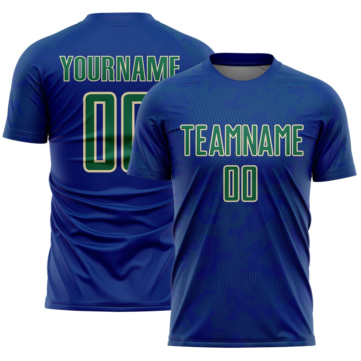 Custom Royal Kelly Green-Cream Curve Lines Sublimation Soccer Uniform Jersey - Main View