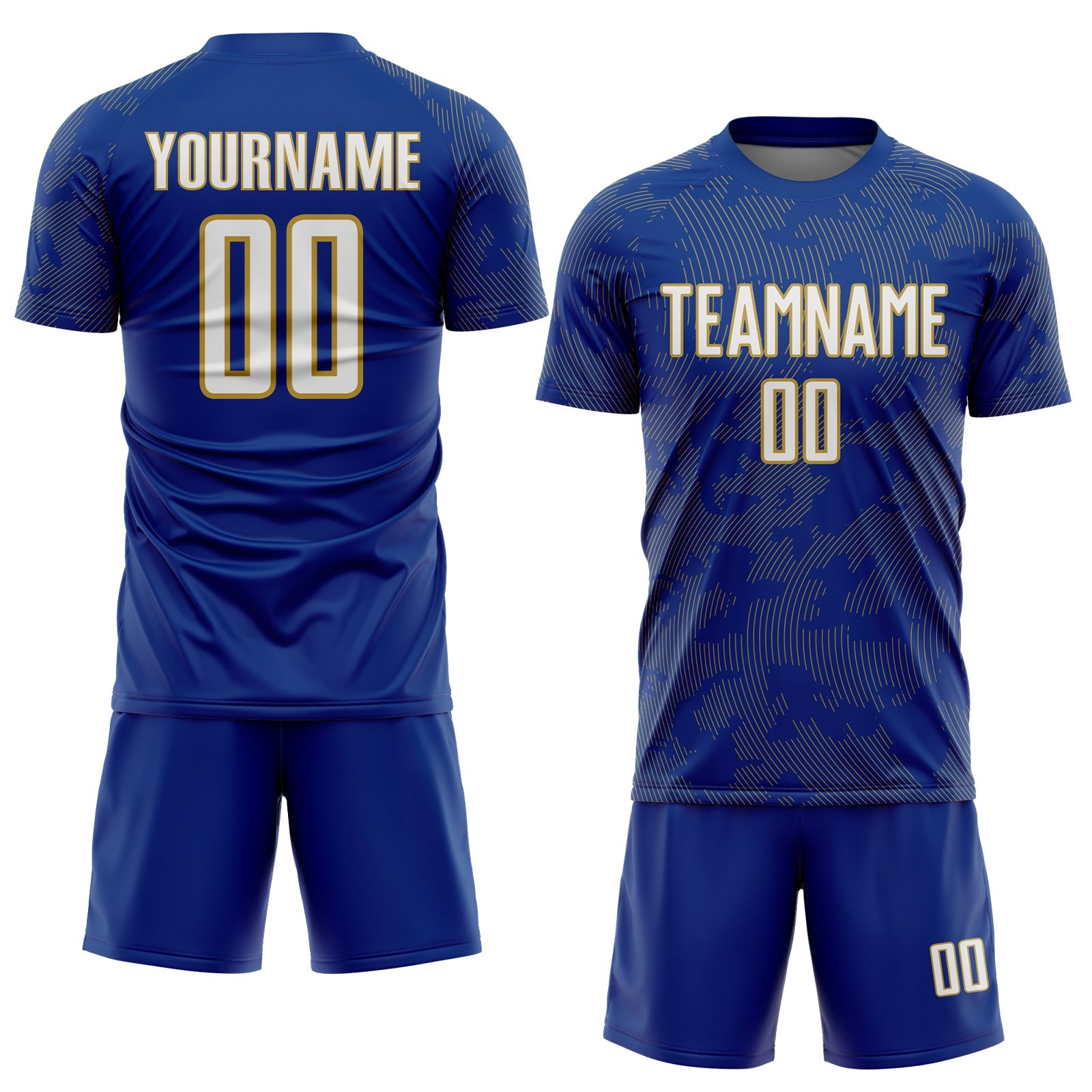 Custom Royal White-Old Gold Curve Lines Sublimation Soccer Uniform Jersey view 2