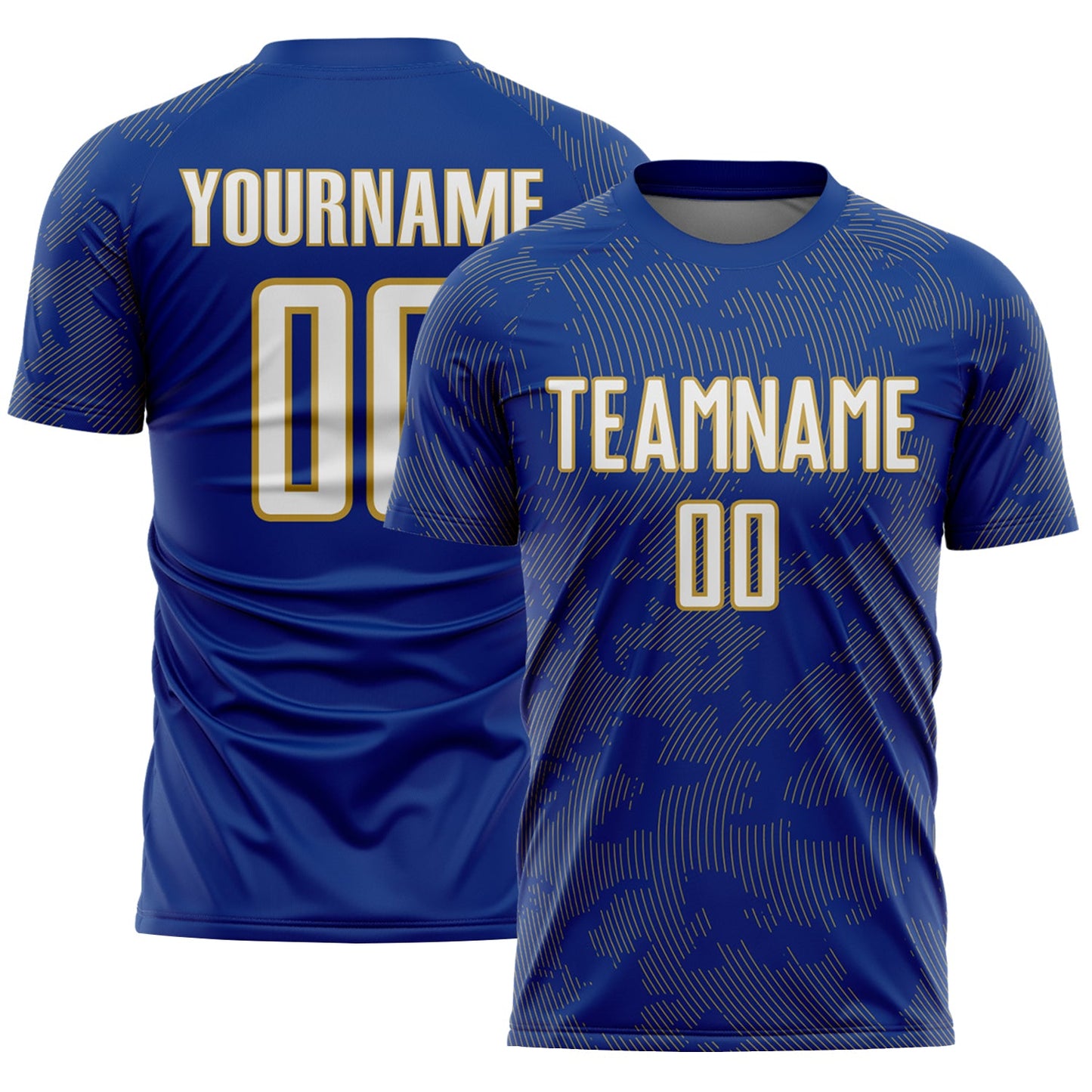 Custom Royal White-Old Gold Curve Lines Sublimation Soccer Uniform Jersey - Main View