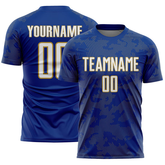 Custom Royal White-Old Gold Curve Lines Sublimation Soccer Uniform Jersey - Main View
