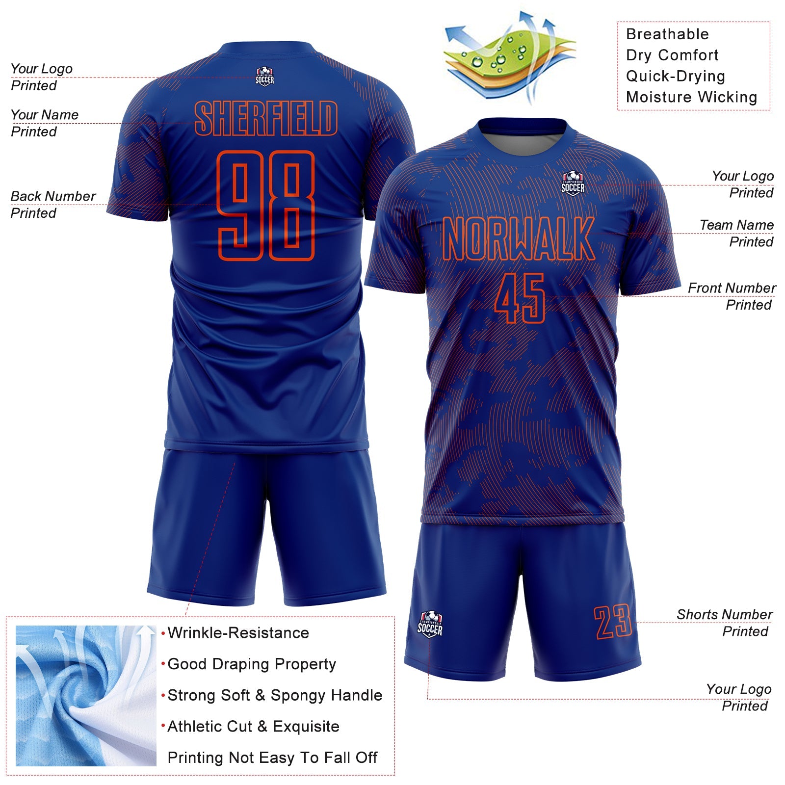 Custom Royal-Orange Curve Lines Sublimation Soccer Uniform Jersey view 4