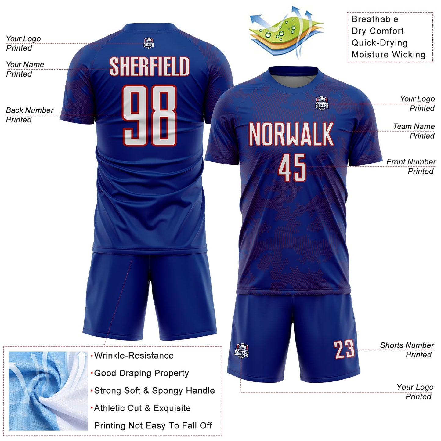 Custom Royal White-Red Curve Lines Sublimation Soccer Uniform Jersey view 4