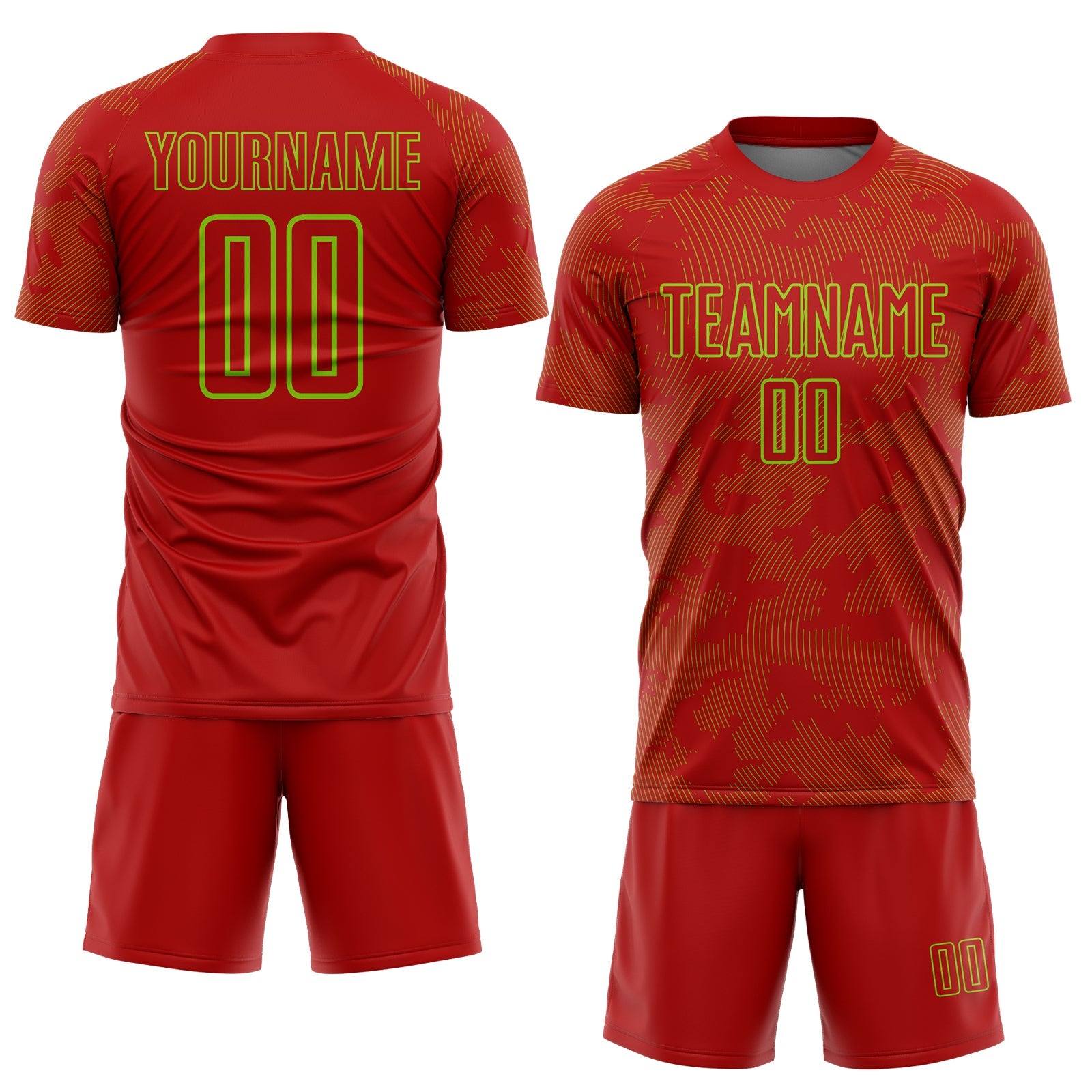 Custom Red-Neon Green Curve Lines Sublimation Soccer Uniform Jersey view 2