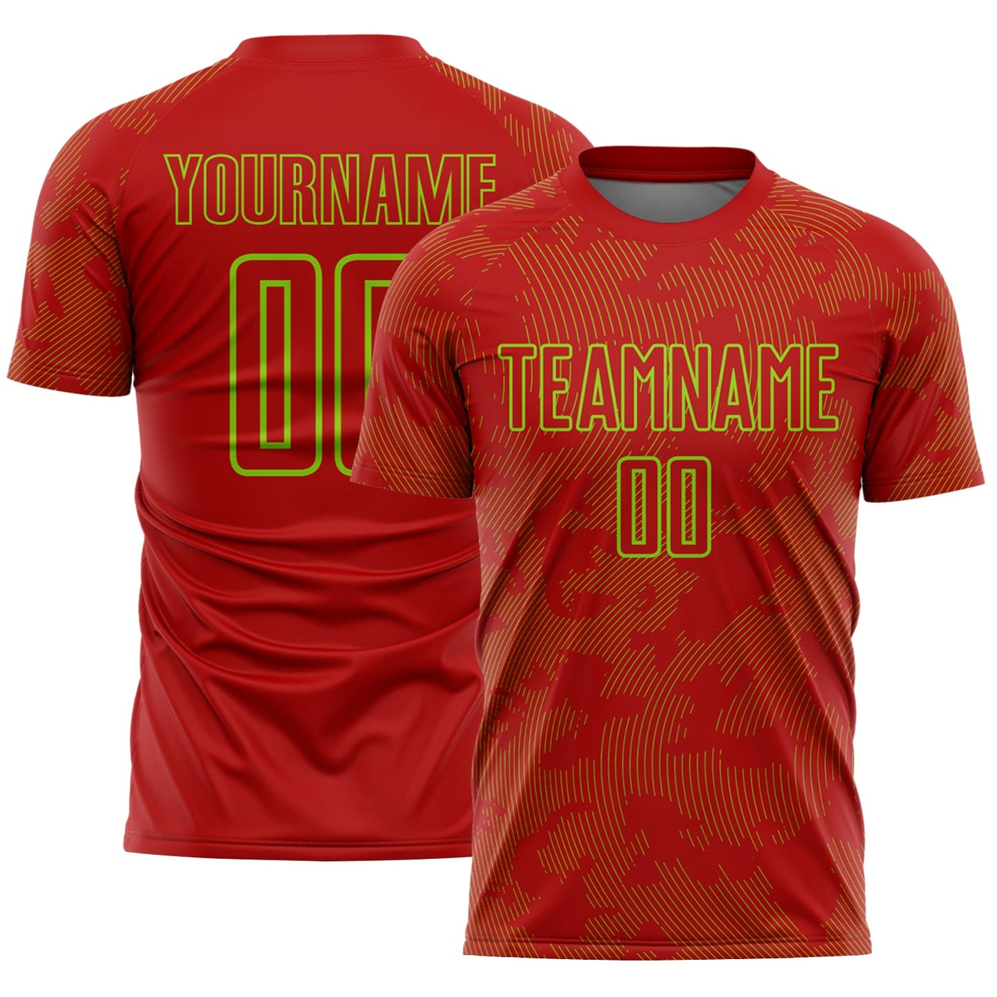 Custom Red-Neon Green Curve Lines Sublimation Soccer Uniform Jersey - Main View