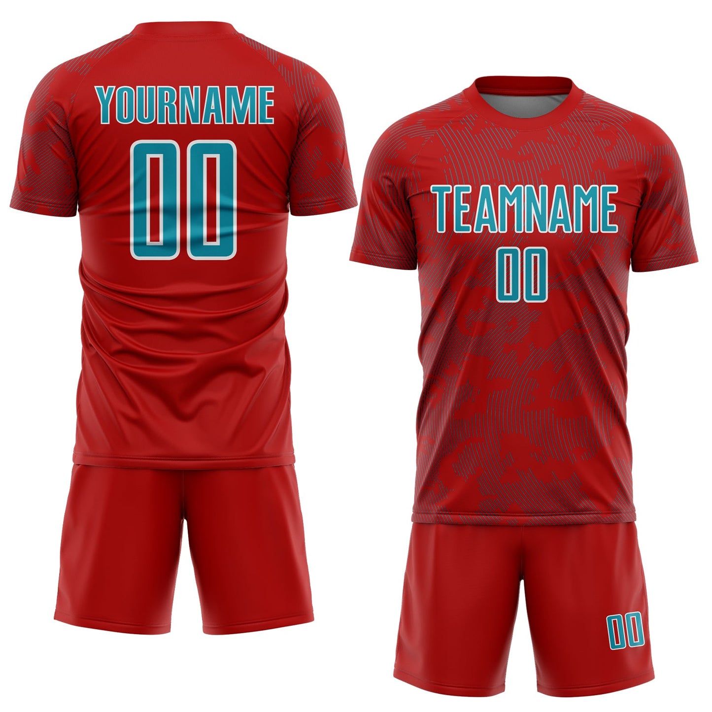 Custom Red Teal-White Curve Lines Sublimation Soccer Uniform Jersey view 2