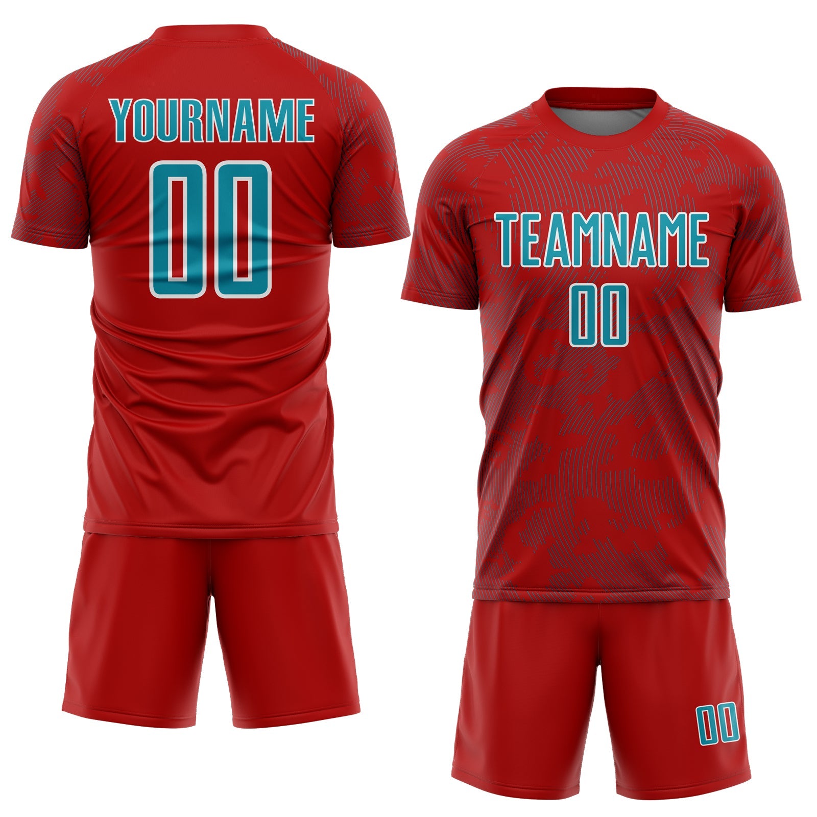 Custom Red Teal-White Curve Lines Sublimation Soccer Uniform Jersey view 2