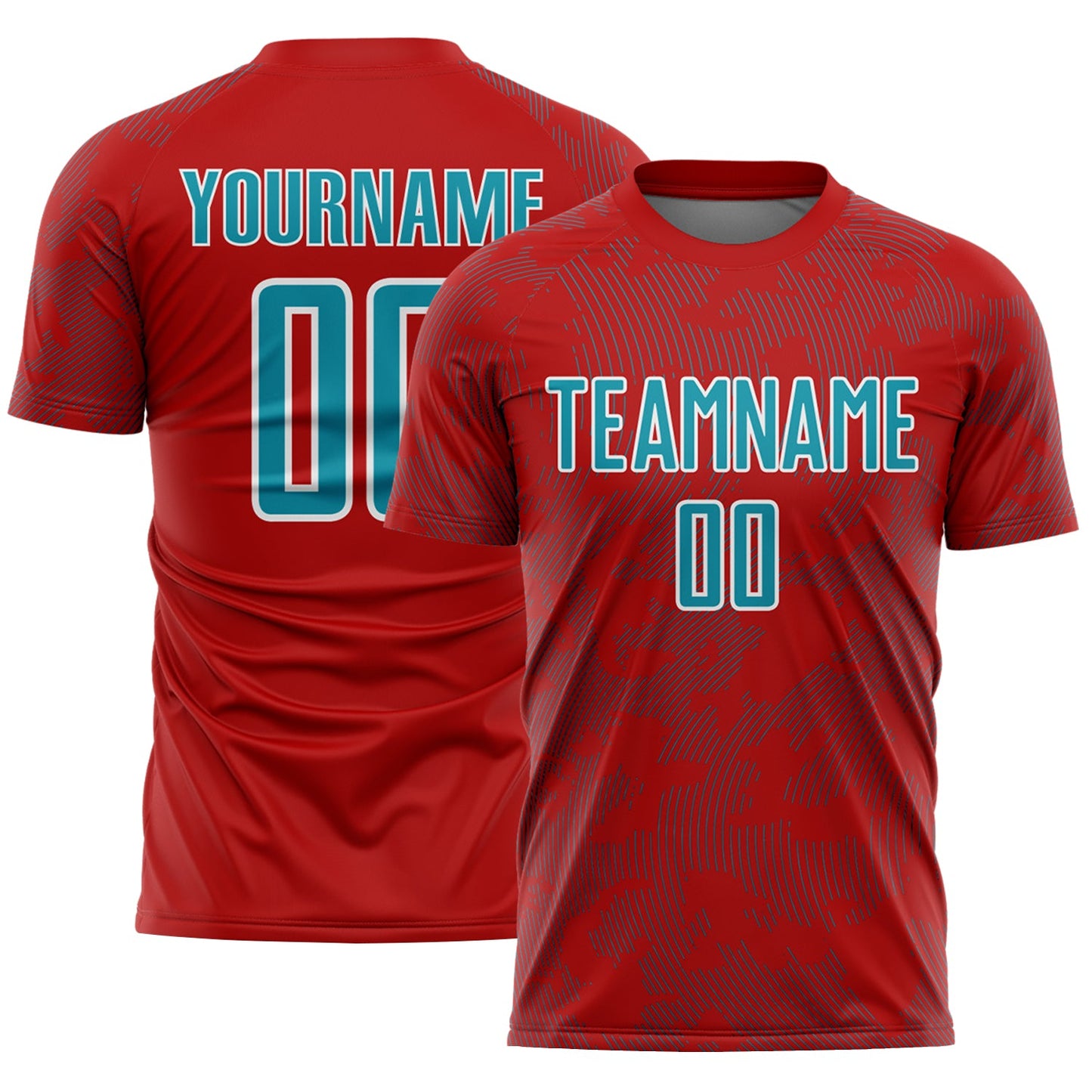 Custom Red Teal-White Curve Lines Sublimation Soccer Uniform Jersey - Main View
