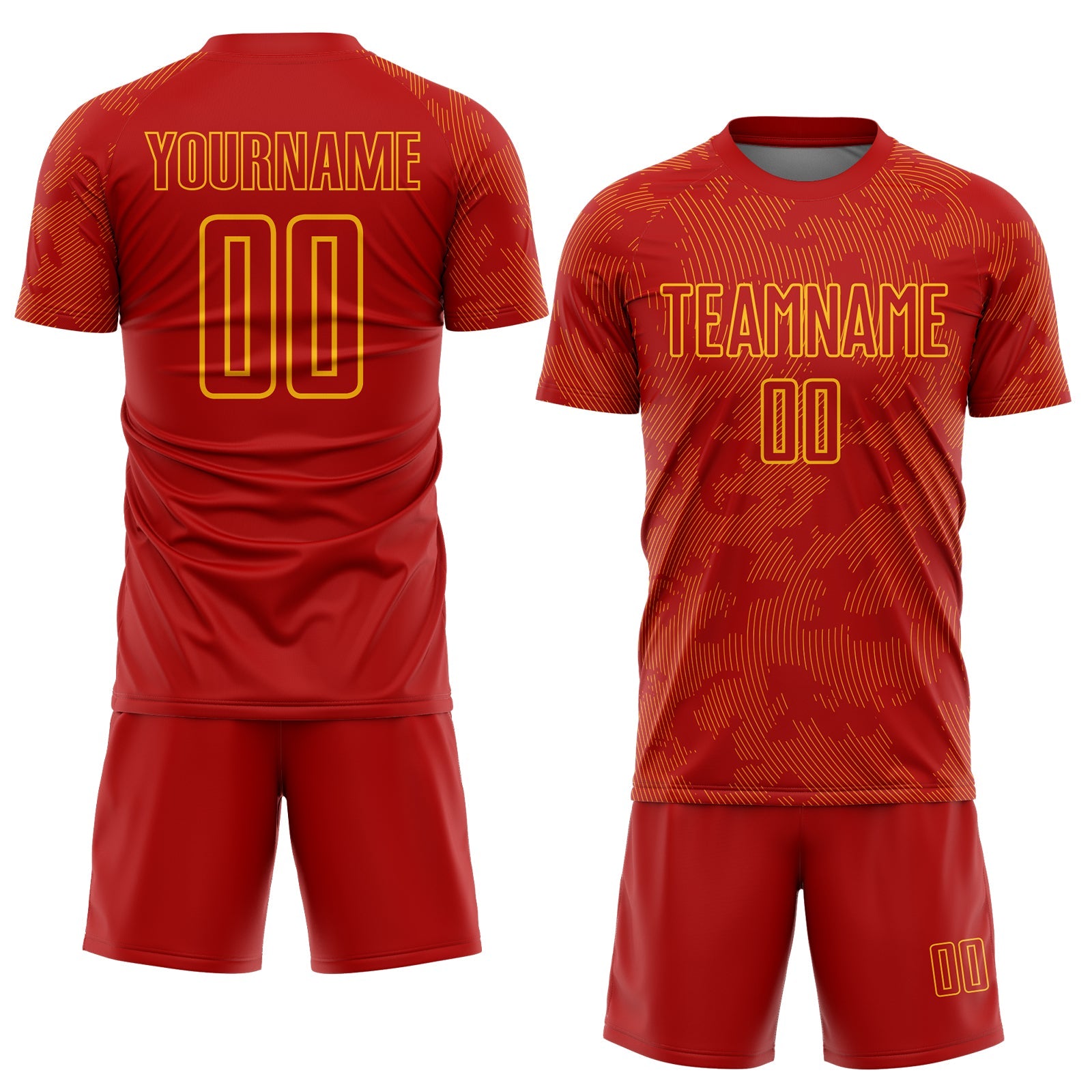 Custom Red-Gold Curve Lines Sublimation Soccer Uniform Jersey view 2