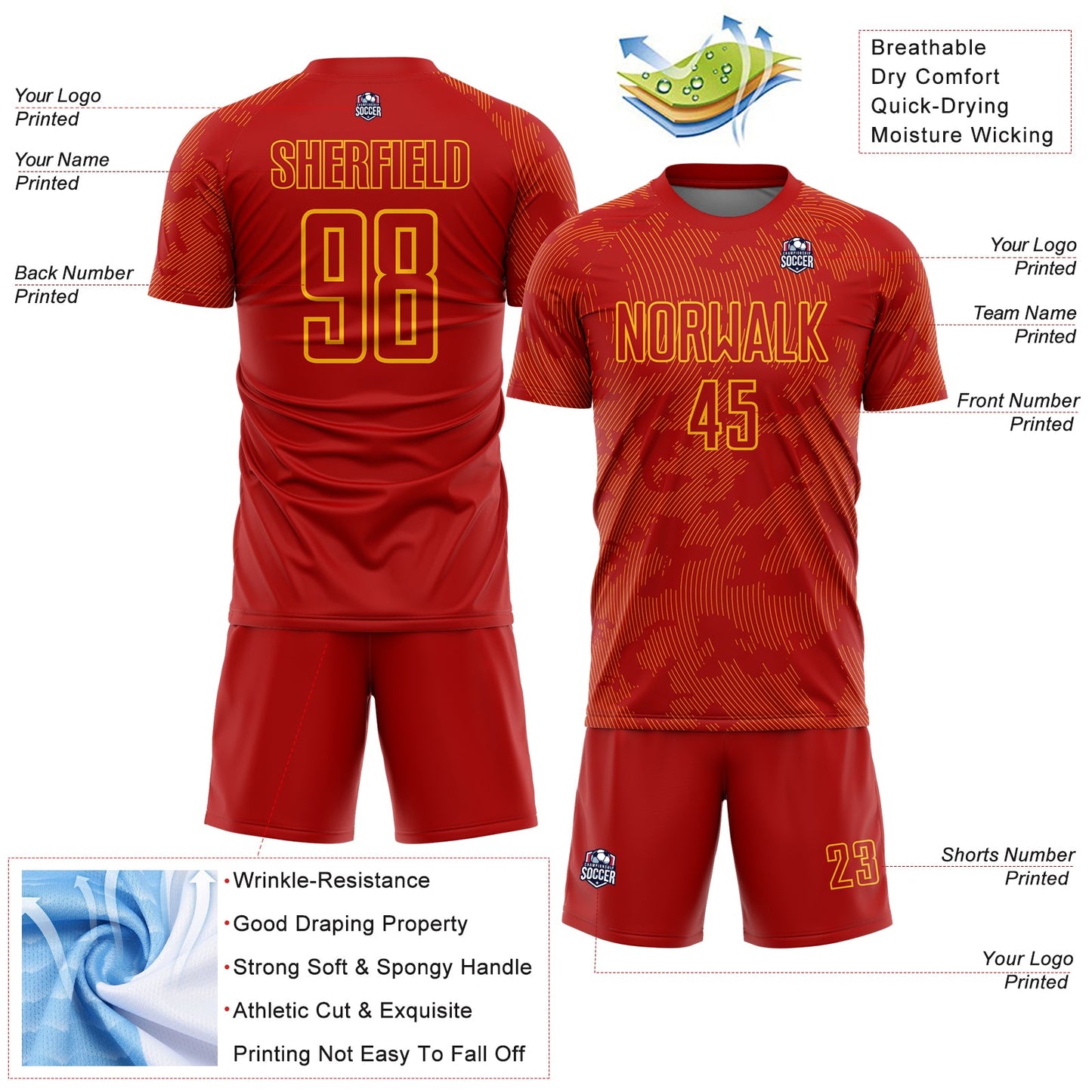 Custom Red-Gold Curve Lines Sublimation Soccer Uniform Jersey view 4
