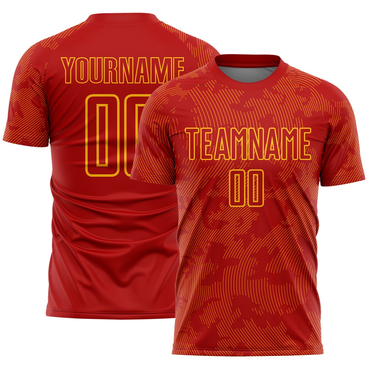 Custom Red-Gold Curve Lines Sublimation Soccer Uniform Jersey - Main View
